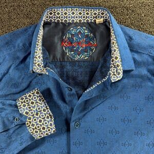 Robert Graham Blue Damask Jacquard Classic Fit Long Sleeve Button Down Shirt L